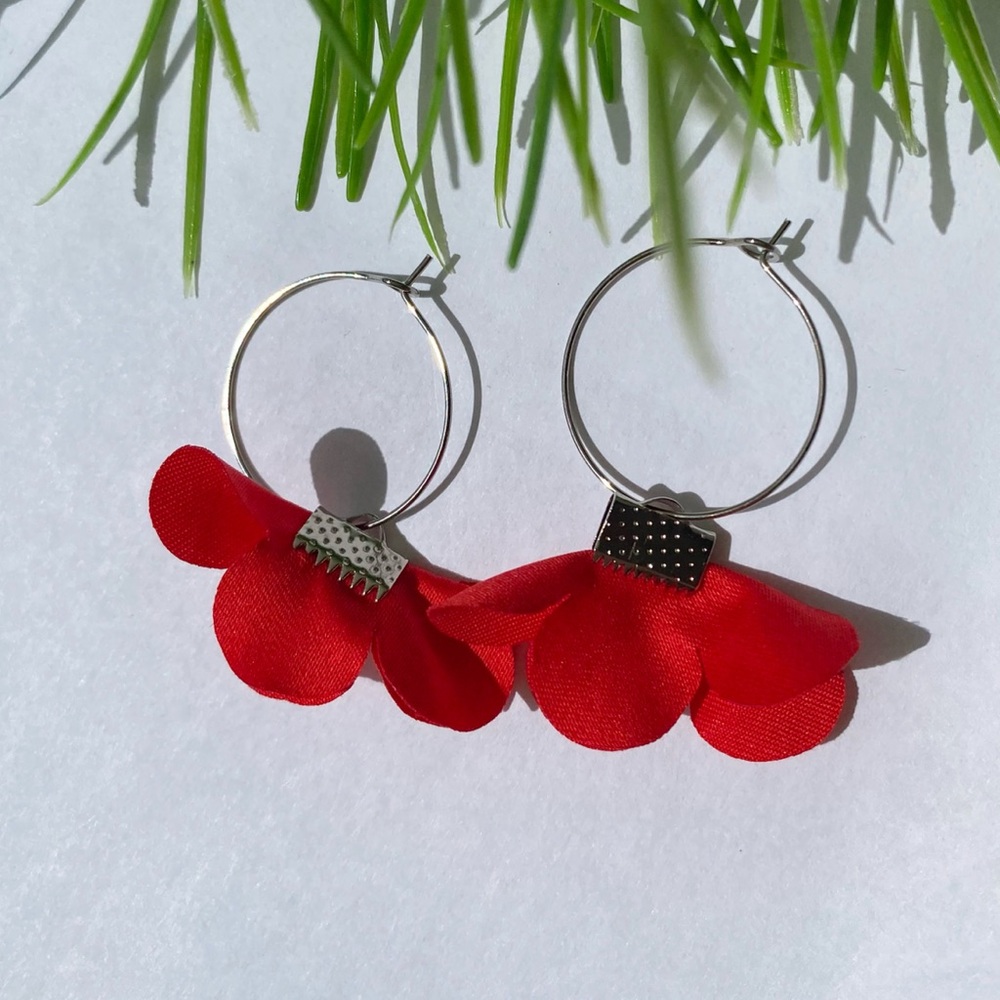 Red Petal Hoop Earrings with Floral Fabric Accents
